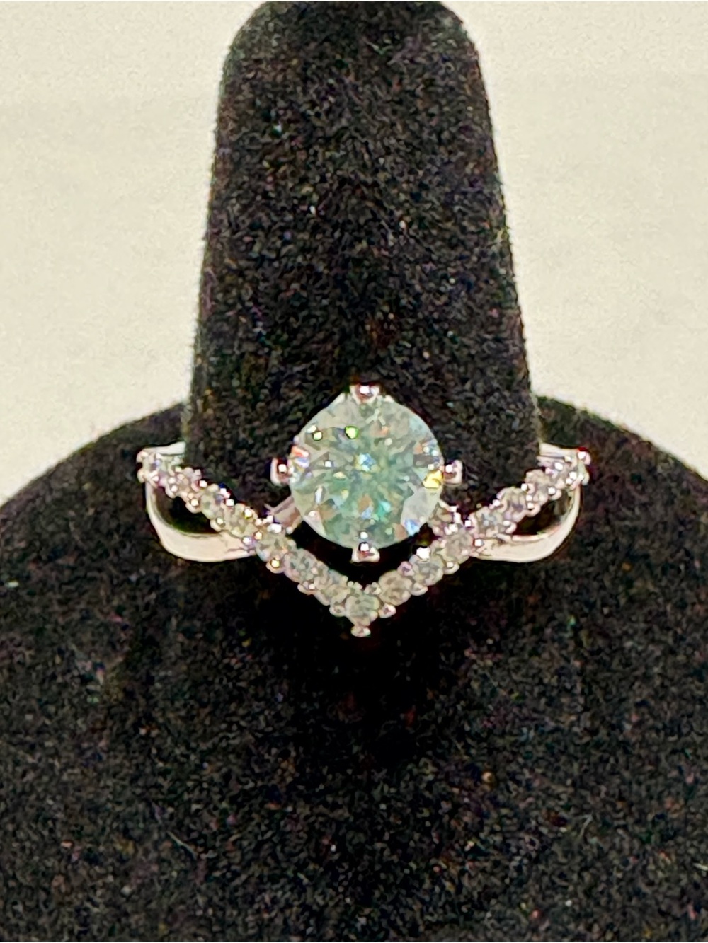 Silver-Tone Round Moissanite Solitaire and Chevron Accent Ring in White